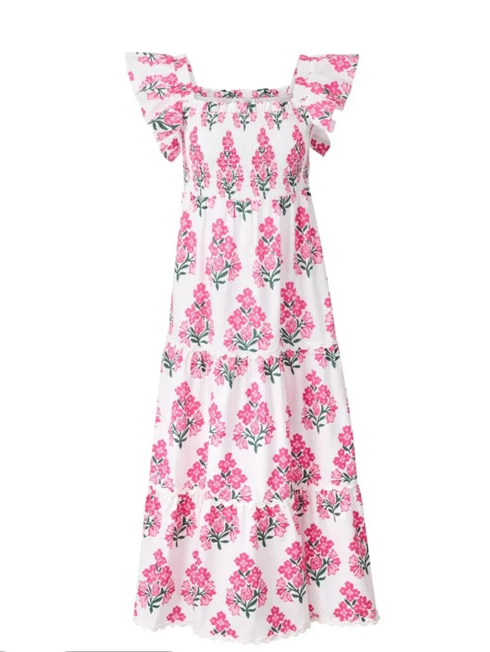 Sail to Sable Debra Smocked Midi Dress Cotton hibiscus block print